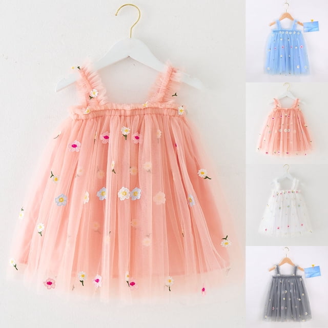 JDQJBZ Robe Sans Manches pour Filles, Tutu en Maille à Fleurs Brodées, Tenue de Fête pour 1 à 7 Ans
