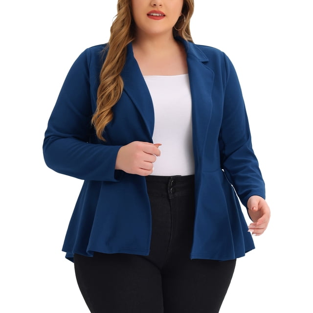 Agnes Orinda Women's Plus Size Blazer Button Notch Panel Ruffle Peplum Blazers 5X Roral Blue