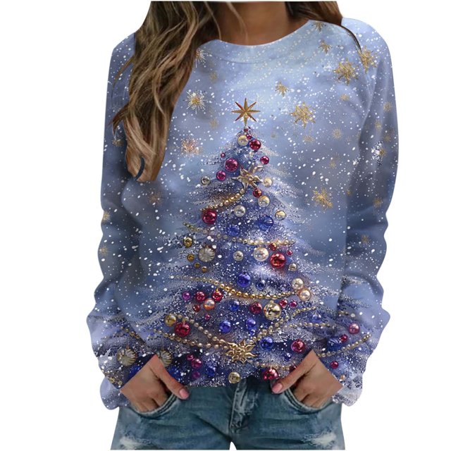 UPPADA Chandails de Noël pour Femmes, Imprimé d'Arbre de Noël, Chandail à Manches Longues, Hauts à Enfiler, Automne, Chandail Confortable, Col Rond de Noël, Offres de Chandails