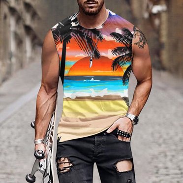 EGNMCR Débardeurs Homme Nouvelle Mode Décontractée Débardeur Sans Manches pour Homme Col Rond Imprimé Hawaïen Sport Col Rond