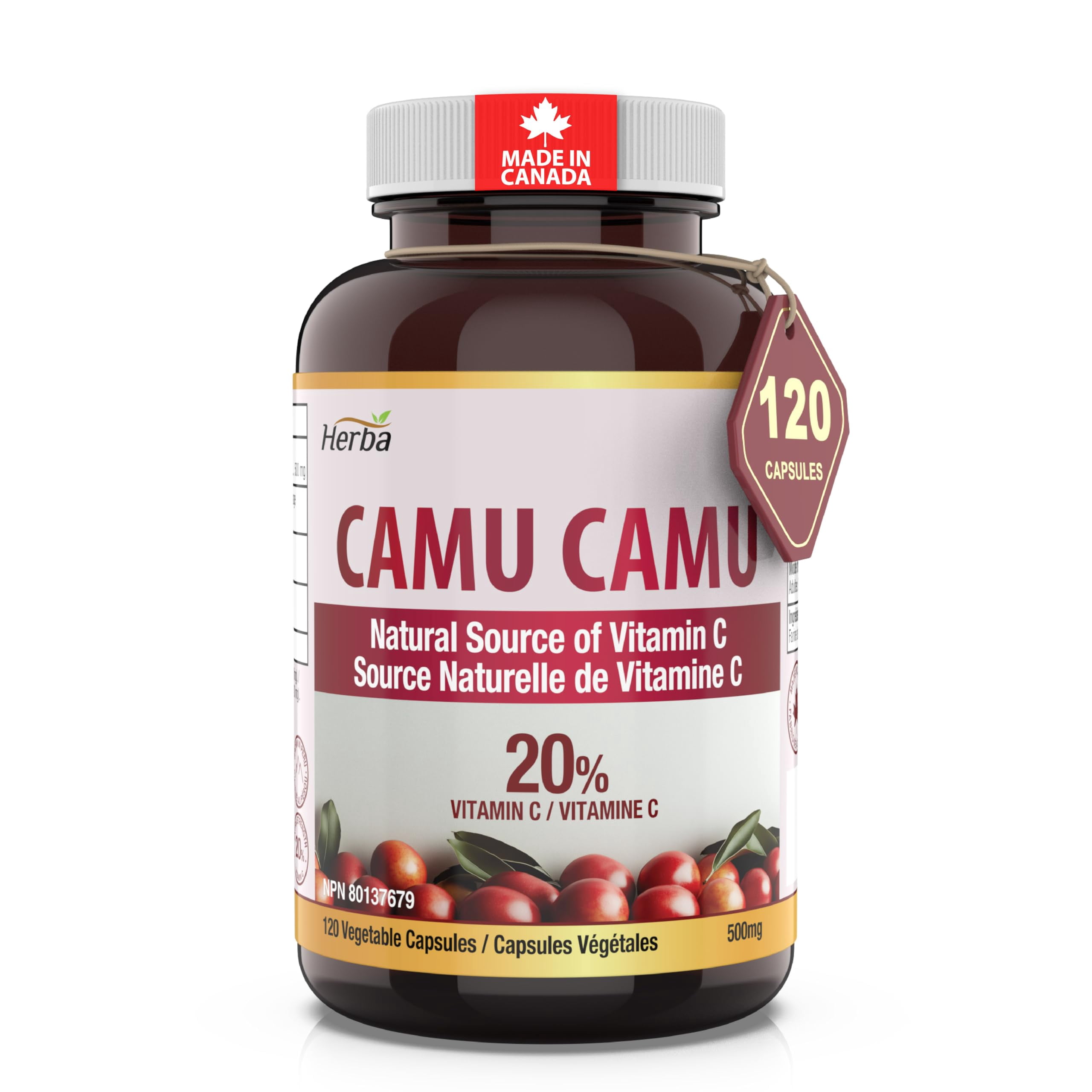 Herba Camu Camu Capsules 500mg – 120 Capsules | 20% Vitamin C (100mg) | Made in Canada