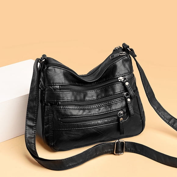 JMYHOAM Storage Bags Women Soft Washed Leather Shoulder Bag Multi-Zip Spacious Large Capacity Handbag For Daily Use Travel Work Shopping Necessity Home Storage