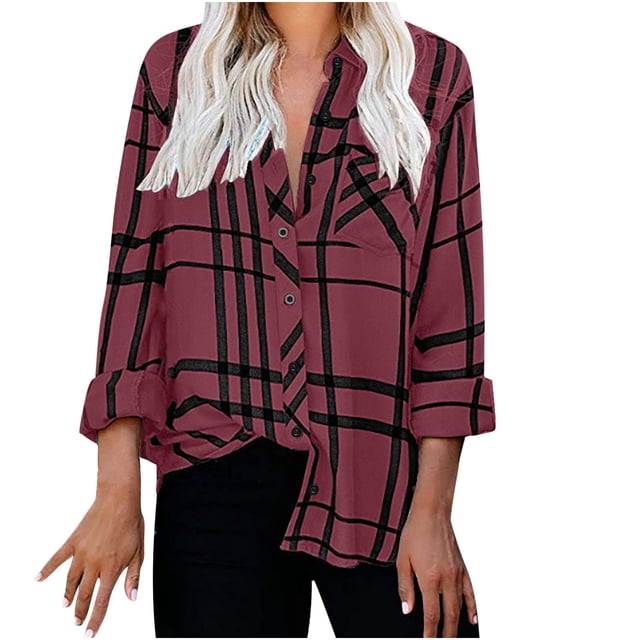 IROINID Reduced Womens Plus Size Tops Lounge Lapel Top Loose Buttoned Long Sleeve Plaid Print Blouse,Burgundy