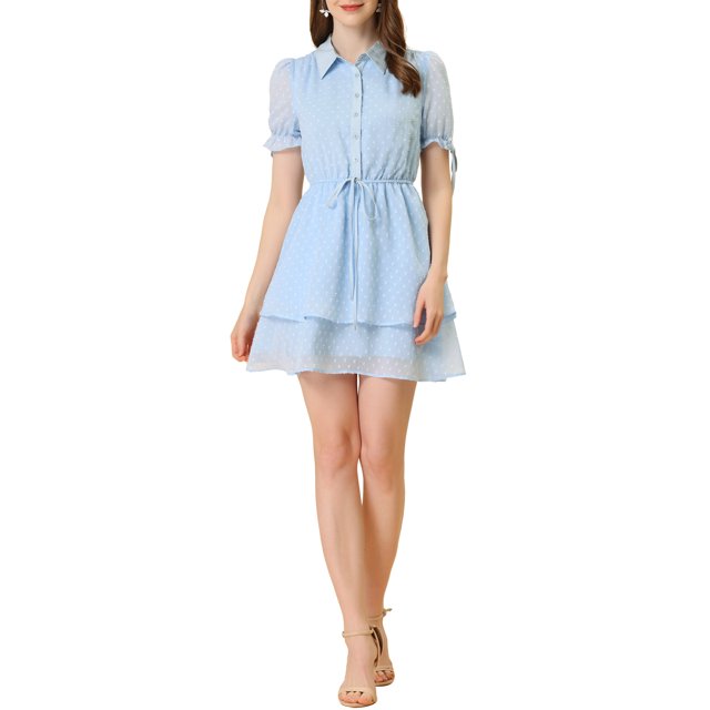 INSPIRE CHIC Women's Dress Peter Pan Collar Ruffle Cuff A-Line Layered Dress S Blue