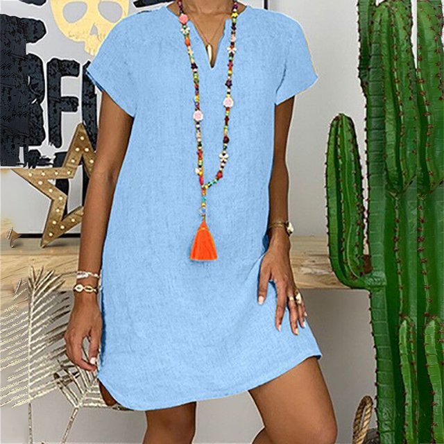HKEJIAOI Robe Femme Femme Manches Courtes Col en V Décontractée Chaude Vacances Couleur Unie Mini Robe Droite Économies Liquidation Bleu Clair