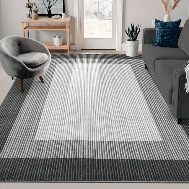 Garvee 8'x10' Washable Area Rug Bordered Rug Non-Shedding Stain-Resistant Area Rugs for Dining Room Home Office, Black Gray