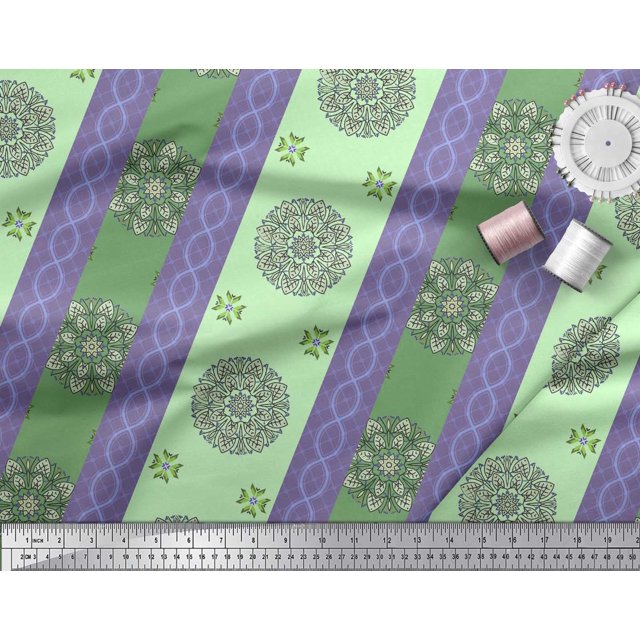 Soimoi polyester Crepe Fabric Stripe & Mandala Decorative Print Fabric by Yard 52 Inch Wide