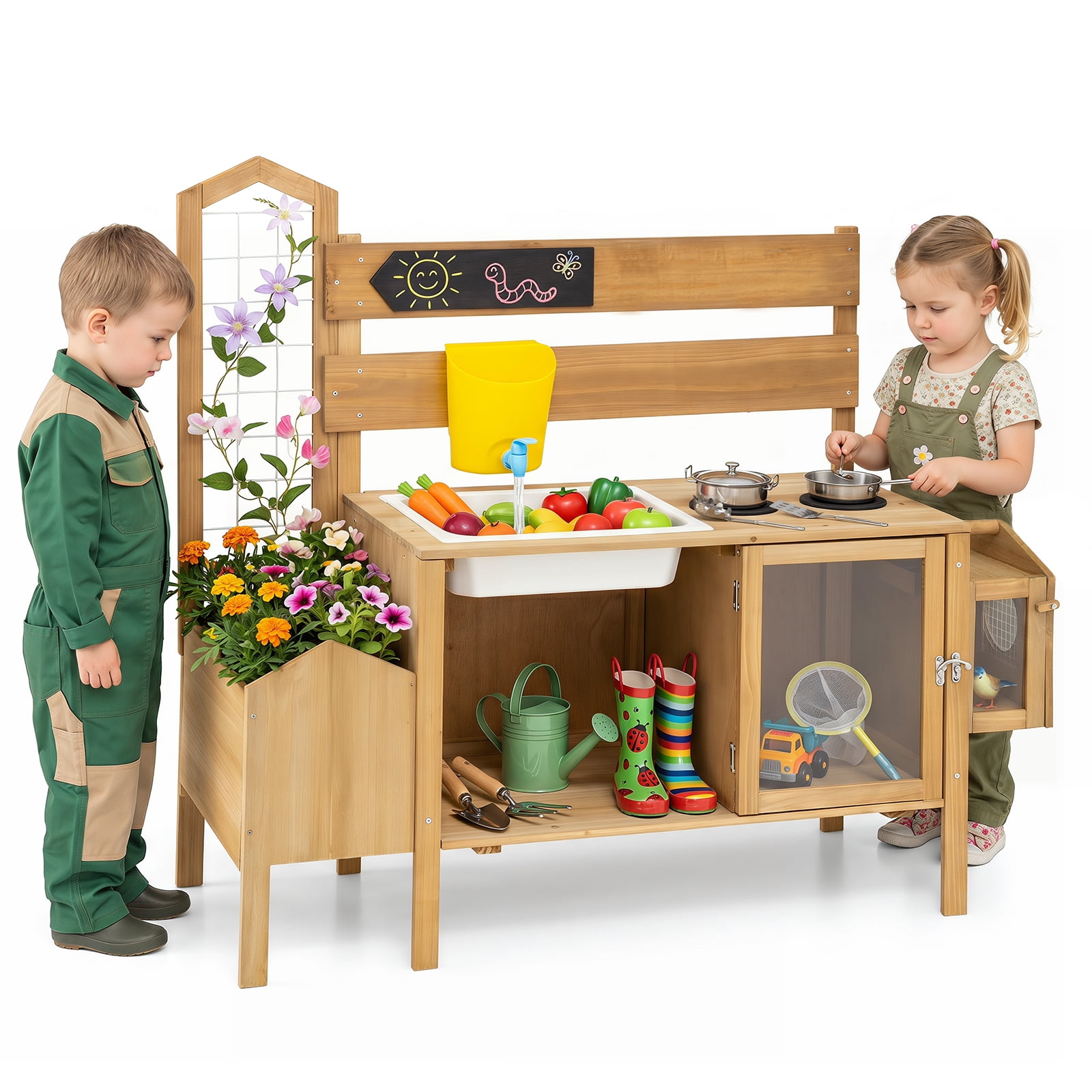 Costway Mud Kitchen for Kids, Pretend Play Kitchen with Detachable Bird Cage,Trellis