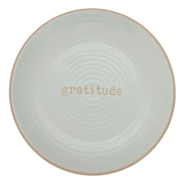 Hometrends Stoneware Appetizer Plates, Aragon, 7.5" diameter, round stoneware plate with light gray glazed surface and hand-painted pottery clay color rim, embossed with the word "gratitude" in the center, dishwasher and microwave safe, suitable for serving appetizers or desserts.