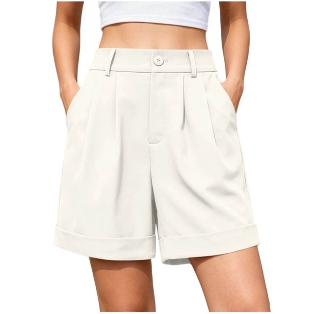 Fsgntruao Women's Fashion Solid Color Elastic Waist Pocket Button Zipper Shorts Pants