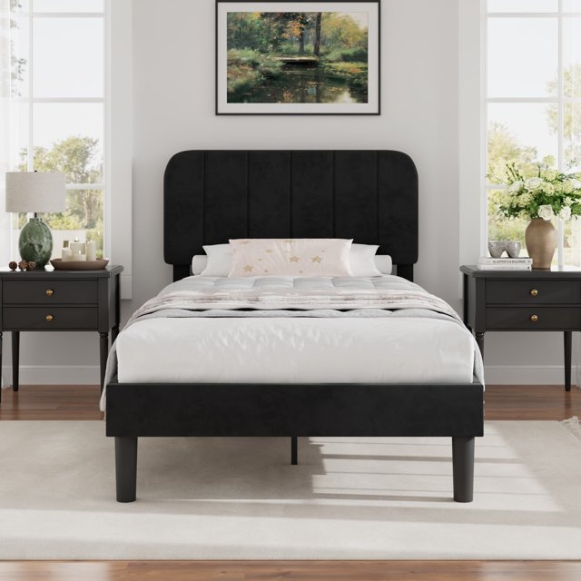 VECELO Lits Rembourrés Format Simple, Cadre de Lit Plateforme Moderne avec Tête de Lit Réglable, Lattes en Bois en Soutien/pas de Sommier Requis, Noir