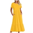 thumbnail image 1 of Penkiiy Robe Maxi Évasée d'Été Décontractée pour Femme à Manches Courtes et Col Ras du Cou, Fluide, Asymétrique, à Étages, Robe de Plage avec Poches m Jaune, 1 of 8