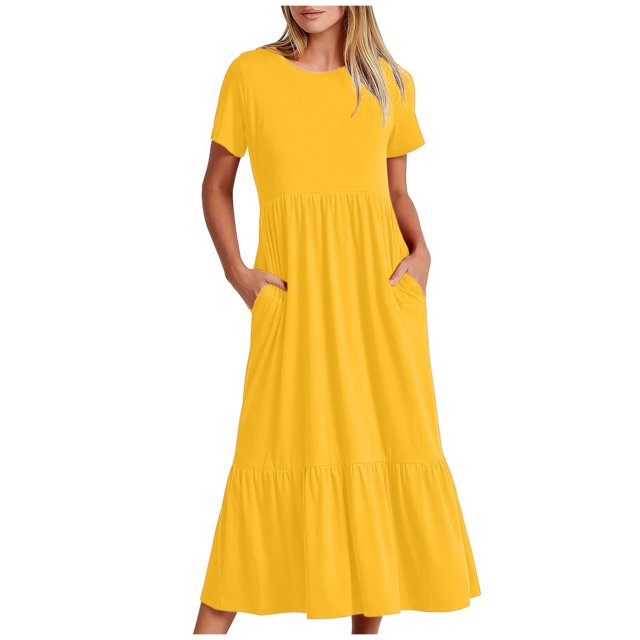 Penkiiy Robe Maxi Évasée d'Été Décontractée pour Femme à Manches Courtes et Col Ras du Cou, Fluide, Asymétrique, à Étages, Robe de Plage avec Poches m Jaune