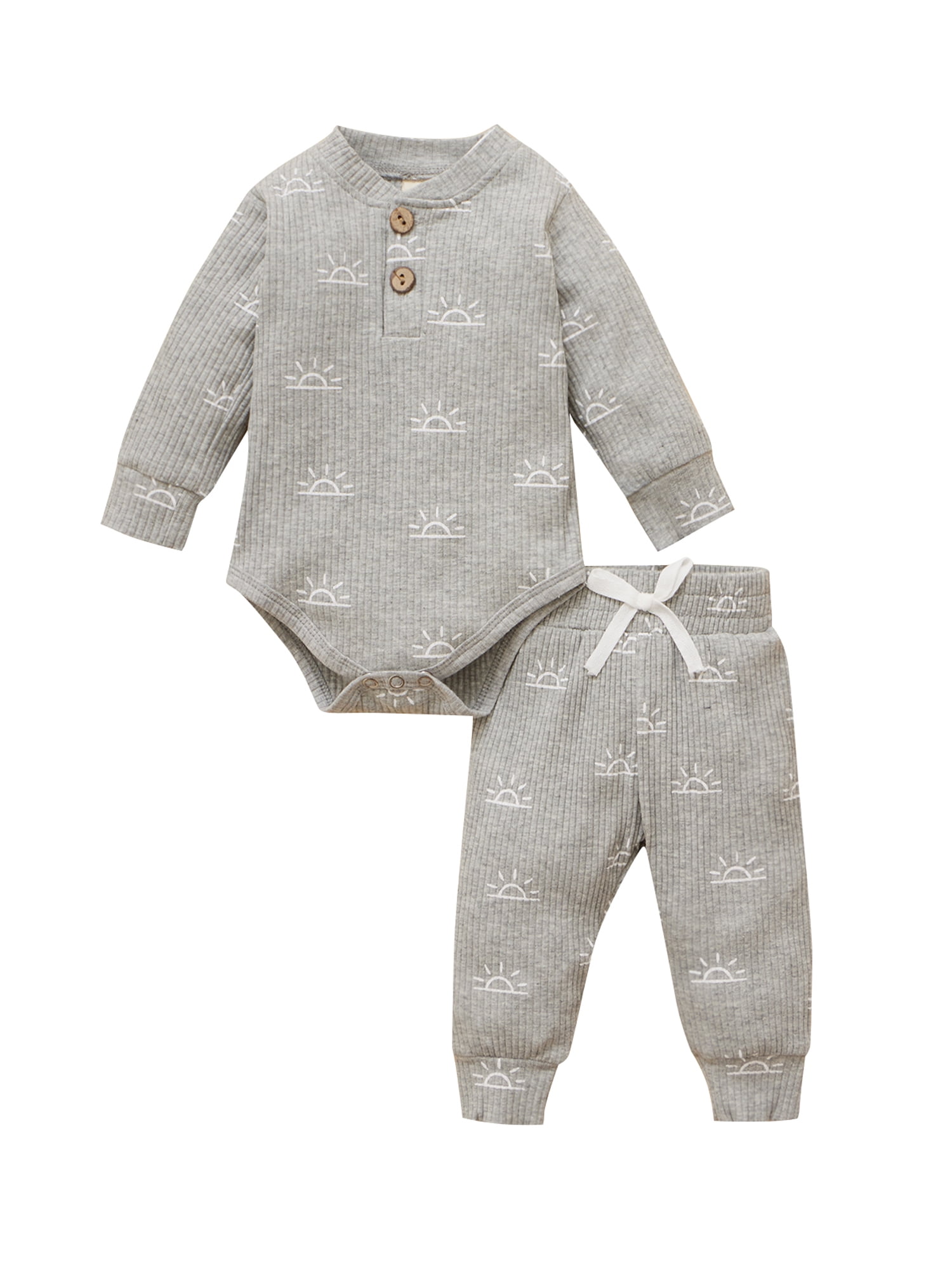Kmbangi Ensemble 2 Pcs pour Tout-Petit, Barboteuse Soleil à Col Henley à Manches Longues + Pantalon