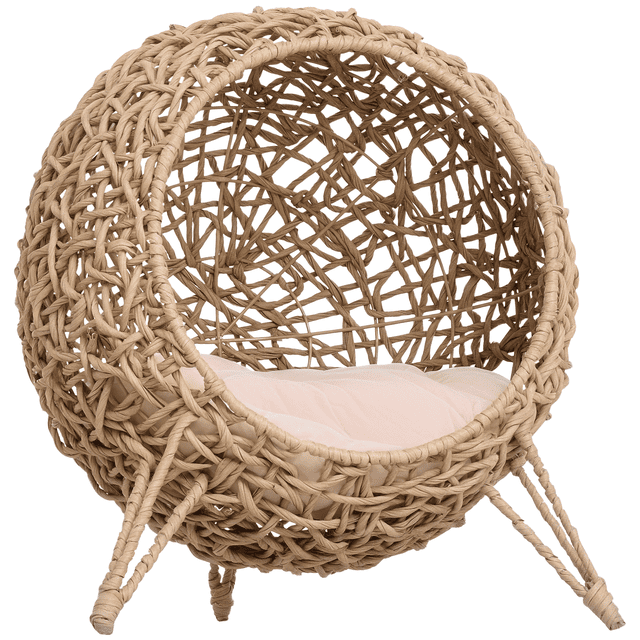 PawHut Rattan Cat House, Elevated Pet Bed for Indoor Cats, Natural Wood