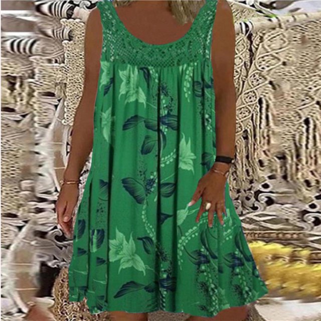 Mefallenssiah Women'S Spring/Summer Round Neck Lace Patchwork Printed Loose Sleeveless Dress