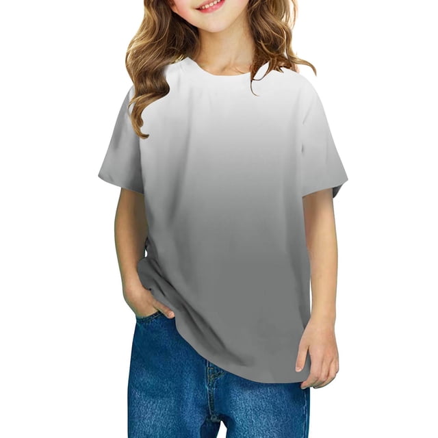 Bocqde Summer Cool Casual Shirts For Kids Short Sleeve Gradient Color Round Neck Top,3-14 Years