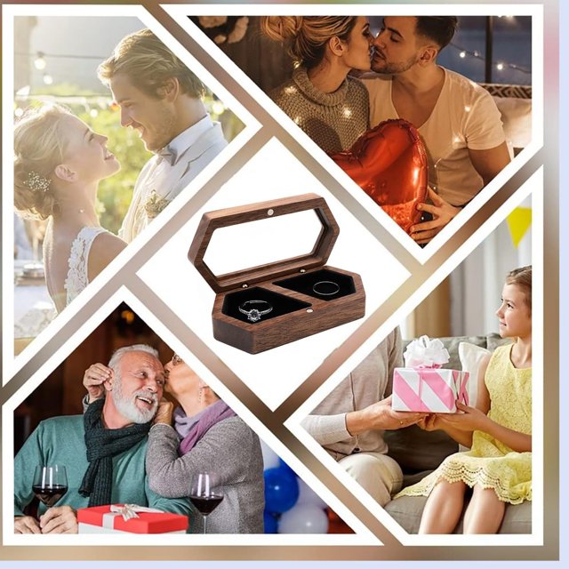 WIFKLSIIPG Wooden Ring Holder with Transparent Lid Two Slots Jewelry Container Walnut Jewelry Storage Holder for Couples Portable Couple Rings Wedding Ring Holder for Wedding Occasion