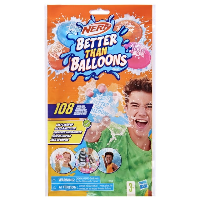Nerf Emballages de Jouets Aquatiques de Marque Better Than Balloons 108 Pods avec des Pods d'Eau Colorés Auto-Obturants en Bleu, orange et Rose sur Fond orange avec des Graphiques d'Éclaboussures d'Eau, Mettant en Valeur un Nettoyage Facile, 9 Feuilles de Pods et une Buse Réutilisable pour Jeux d'Eau Extérieurs.