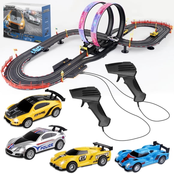 Slot Car Race Track Set, 19ft Electric Track with LED Lights and 4 Slot Cars, 2 Hand Controllers and Racing Game Lap Counters, Set Features Loop, Tur