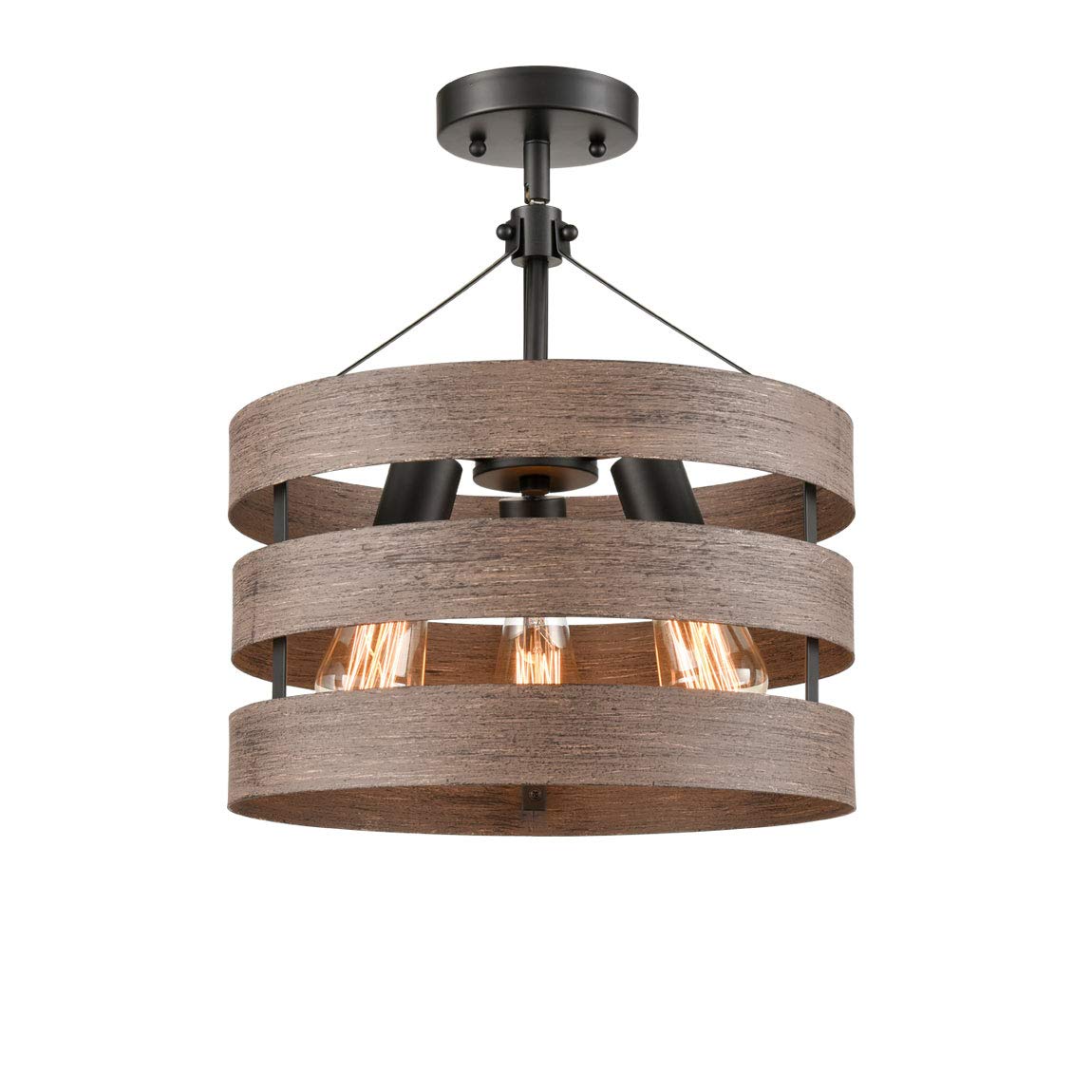Farmhouse Semi Flush Mount Ceiling Light Metal Drum Shade Wood Finish 3-Light