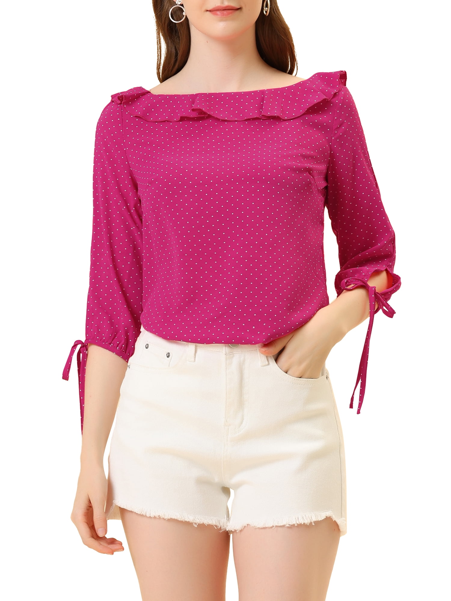 INSPIRE CHIC Women's Ruffled Neck Half Sleeve Sheer Summer Polka Dots Blouse Tops L Hot Pink