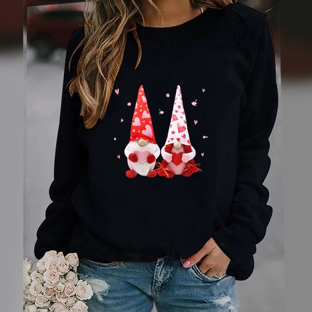 Meichang T-Shirts de la Saint-Valentin pour Femmes Imprimé Cœur Tee Tops Manches Longues Col Rond Pull de Vacances en Solde Cadeaux de la Saint-Valentin