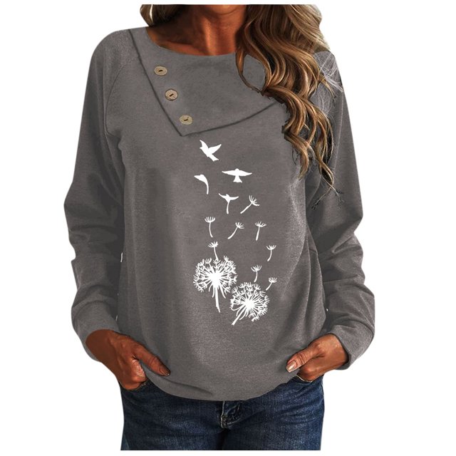 New Womens Tops 2023 Fashion Plus Size Casual Solid Color Button Printing Long Sleeve Round-Neck Tops Long Sleeve Shirt for Women