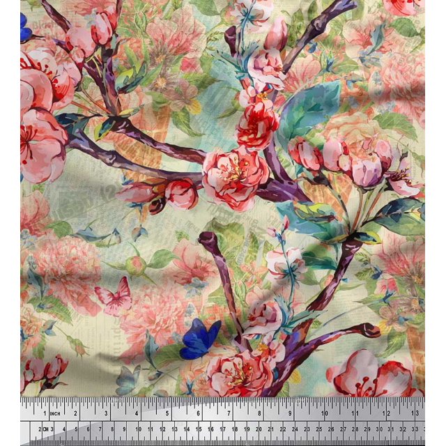 Soimoi Orange Rayon Fabric Insect,Peach & Pink Floral Print Fabric by The Yard 42 Inch Wide