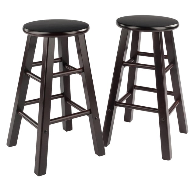 Element 2-Pc Counter Stool Set Espresso with two solid wood stools in polished espresso finish, round seats, and squared legs reinforced by two sets of crossbars for stability and footrests, ideal for kitchen or breakfast nook seating and occasional extra seating.