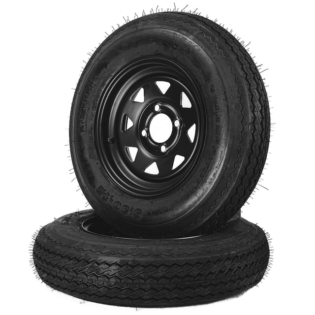 2-Pack 5.30-12 trailer tires and black rims with a 6-ply Load Range C construction, featuring a 4 lug, 4-inch bolt design. The tires are pre-mounted on durable black steel rims, designed for heavy-duty use on utility, boat, camper, and cargo trailers. The deep tread pattern and nylon cord construction provide all-weather traction and stability on various terrains. Each tire supports up to 1820 lbs and is suitable for towing in wet, dry, or snowy conditions.