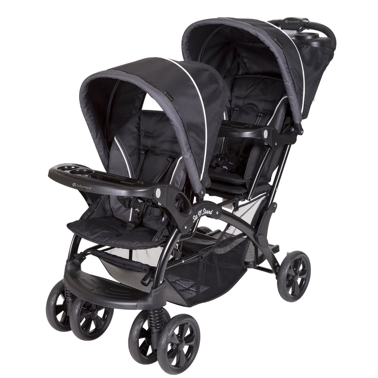 Baby Trend Sit N' Stand® Double Stroller - Onyx; Accepts most major brand infant car seats (sold separately); Front and Rear Seats recommended age 6+ months
