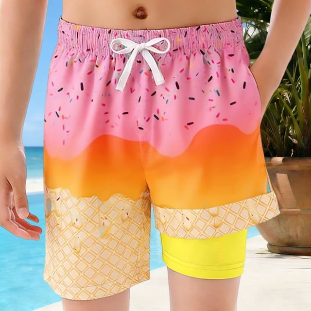 Toddler Boy Swim Trunks With Ice Print Elastic Waist Drawstring Quick Dry Boys Toddler Clothes 2-3 Years