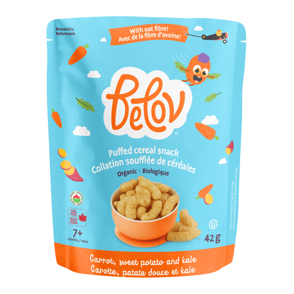 Belov Collations Biologiques Bébé Étape 3, Carotte, Patate Douce et Kale, Collation à Base de Grains pour Bébés 7+ Mois, 42 g