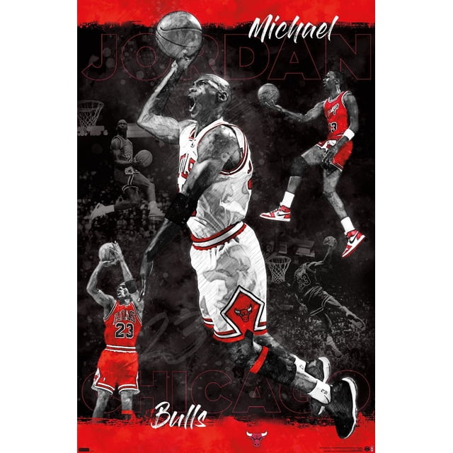 Michael Jordan - Affiche Murale de Croquis, 22,375 Po x 34 Po Encadrée Présentant Plusieurs Croquis de Michael Jordan sous l'Uniforme Chicago Bulls Exécutant des Mouvements de basketball comme des Coups de Coude et des Tirs, Ensemble sur Fond Noir et Rouge avec Texte « Michael Jordan Bulls » et le logo Chicago Bulls, Convient à une Déco Murale à Thème Sportif.