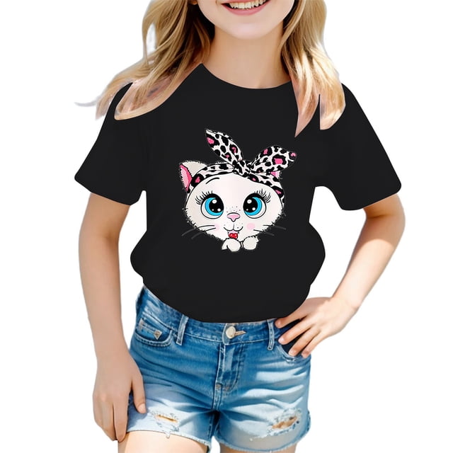 PMVFHDE T-Shirts Graphiques Mignons T-Shirts Chemises pour Fille Grande Taille Hauts pour Fille Hauts Tendance pour Filles T-Shirt Graphique Mignon pour Fille Col Rond Manches Courtes T-Shirt d'Été Décontracté Noir, 5-6 Ans