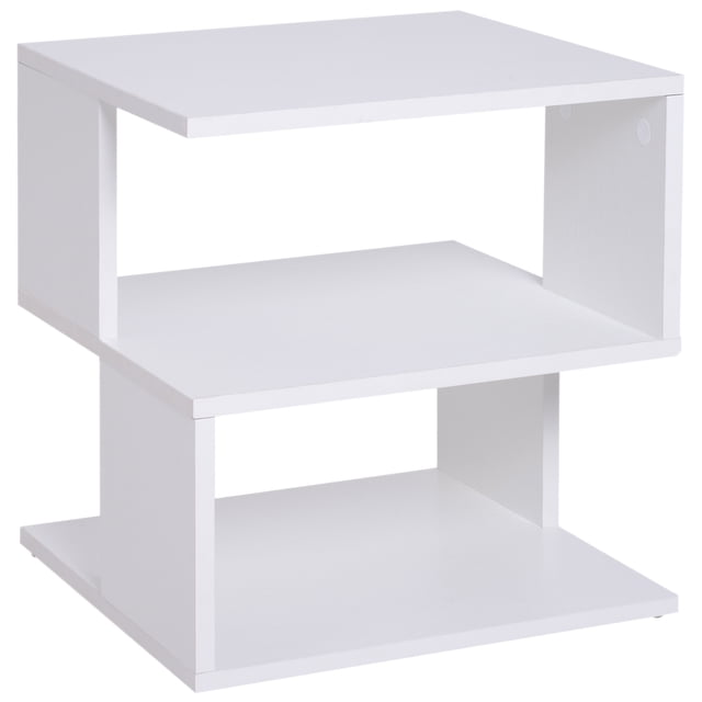 HOMCOM Table d'Appoint Carrée à 3 Niveaux en Bois pour Café, Étagère de Rangement, Table d'Extrémité en Blanc, avec un design Moderne en cube en Forme de S et Trois Niveaux Ouverts pour le Rangement. Fabriquée en Panneau de Particules Robuste, Elle Mesure 15,75 Pouces de Longueur, 15,75 Pouces de Largeur et 17 Pouces de Hauteur. Chaque Niveau a une Hauteur de 7,5 Pouces, et la Table Supporte jusqu'à 22 Lb. Idéale comme Table Basse, Table d'Appoint Ou Table d'Exposition Décorative. Légère et Compacte, Convient aux Petits Espaces