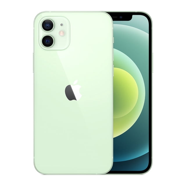 Restored iPhone 12 64GB Green GSM/CDMA (Refurbished) displayed in a front and back view. The front showcases a 6.1-inch Super Retina XDR display, while the back highlights the dual-camera system and Apple logo. Unlocked iPhone professionally inspected and cleaned, with minimal micro-scratches visible only at close range.