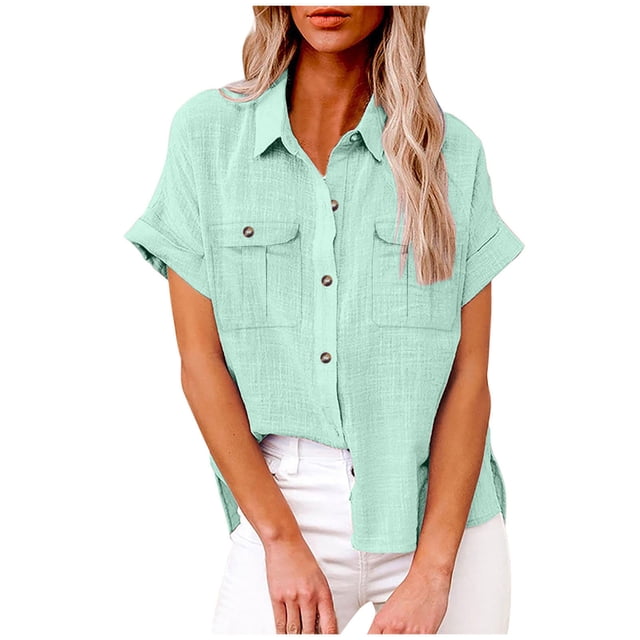 GigrtiJin Womens Short Sleeve Lapel Shirts Solid Color Button down Loose Tunic Tops Casual Work Blouse with Pocket