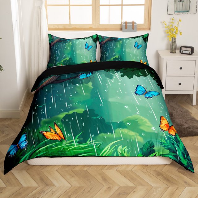 Erosebridal Housse de Couette Papillon Bleu Orange Simple, Literie Feuilles de Jungle Vertes Taille Simple, Réversible 2 Pcs (Sans Couette)