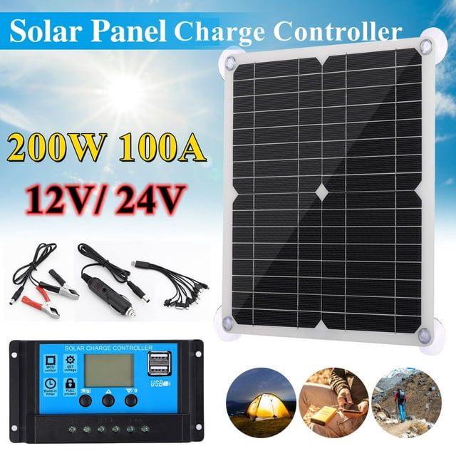 EIGTHTAIL Solar Panel Kit with 200W 100A 12V/24V battery solar charge charger and controller. Includes a high-efficiency black single crystal solar panel, suction cups, clips, car charger, DC male cable, and controller. Ideal for renewable energy applications in RVs, boats, cars, and outdoor camping. Features a 23-24% conversion rate, scratch-resistant surface, and advanced polyethylene coating for durability and waterproof performance. Lightweight and semi-flexible design with pre-drilled holes for easy installation.