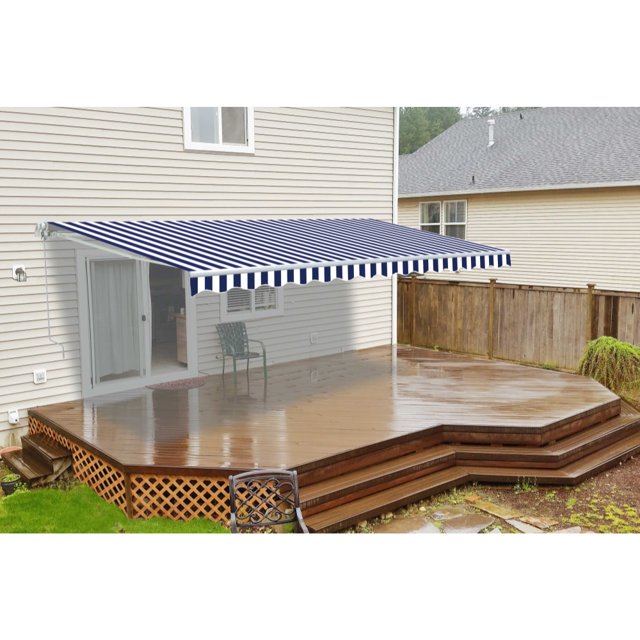 ALEKO Retractable Motorized Patio Awning 10x8 ft, Blue and White Striped Color