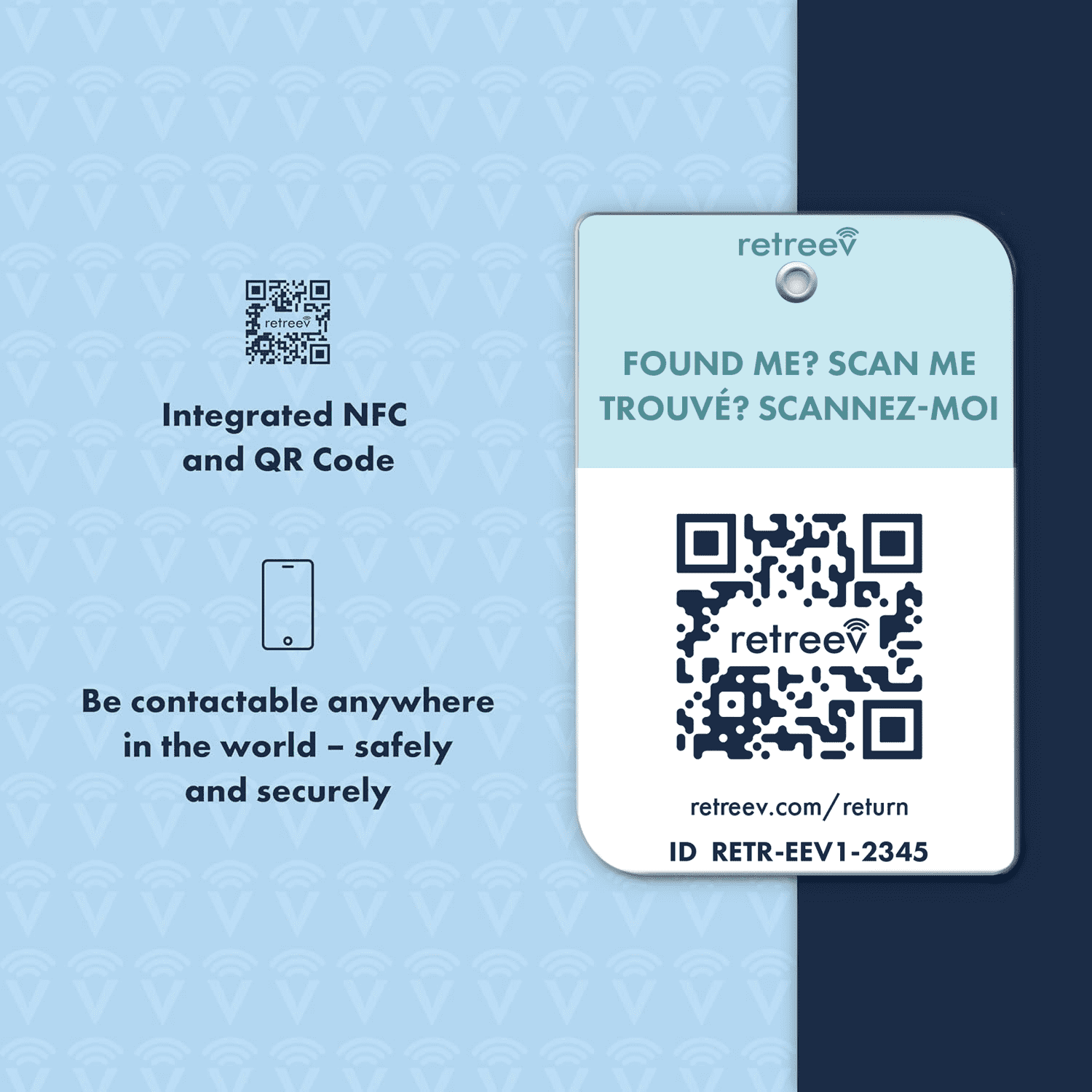 Retreev Étiquette à bagages intelligente, NFC et code QR avec protection de l’identité