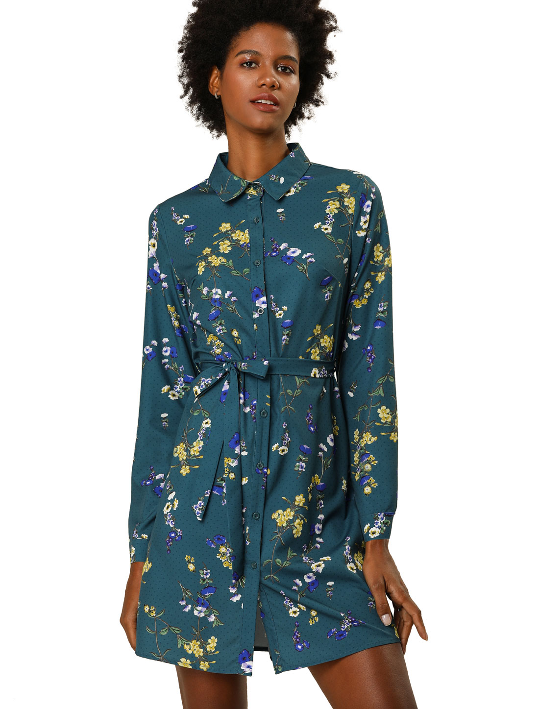 Allegra K Robe-Chemise à Fleurs pour Femme à Revers, Boutonnée, avec Ceinture, m Bleu Sarcelle