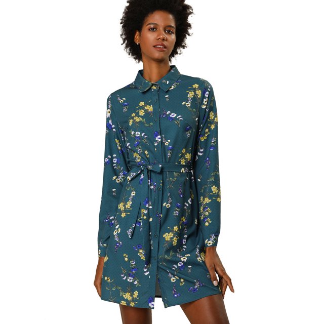 Allegra K Robe-Chemise à Fleurs pour Femme à Revers, Boutonnée, avec Ceinture, m Bleu Sarcelle