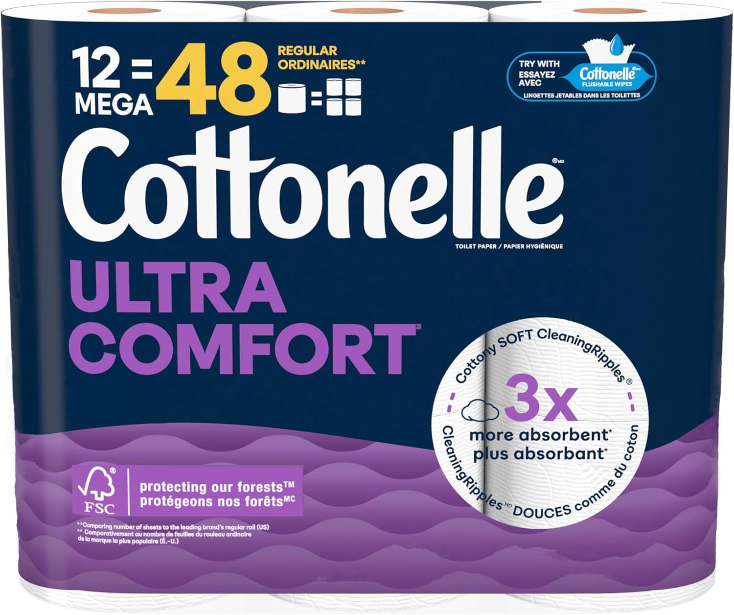 Cottonelle Toilet Paper, 12 Mega Rolls = 48 Regular Rolls, Ultra Comfort, Soft Bathroom Tissue, 244 Sheets per Roll, Packaging May Vary