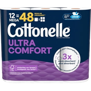 Cottonelle du papier hygiénique, 12 Mega Rolls = 48 Roulements réguliers, Ultra Confort, Tissu de salle de bain souple, 244 Feuilles par rouleau, emballage mai Vary