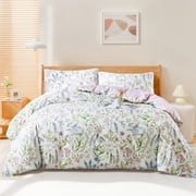 JOLUSERE 100% Organic Cotton Duvet Cover Set, 3 Pieces Colorful Flowers White Duvet Cover Reversible Soft Bedding Set Queen
