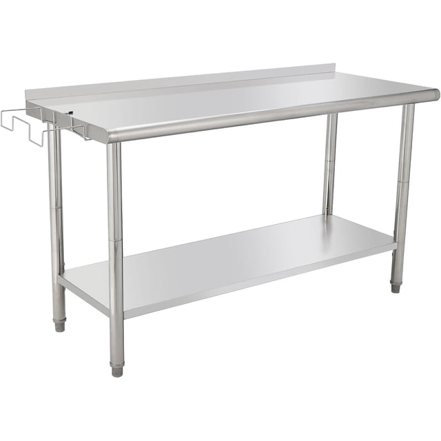 Table de Travail en Acier Inoxydable Robuste 60x24 Po avec Dosseret, Tablette Inférieure Réglable et Crochet, Table de Préparation Commerciale pour Cuisine, Garage, Restaurant