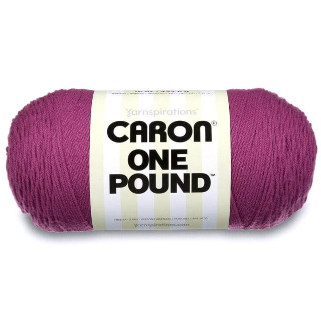 Caron® One Pound™ Yarn, Acrylic #4 Medium, 16oz/454g skein in magenta, tightly wound worsted weight acrylic yarn with a white label featuring bold black text, suitable for knitting and crochet projects including accessories and home decor.